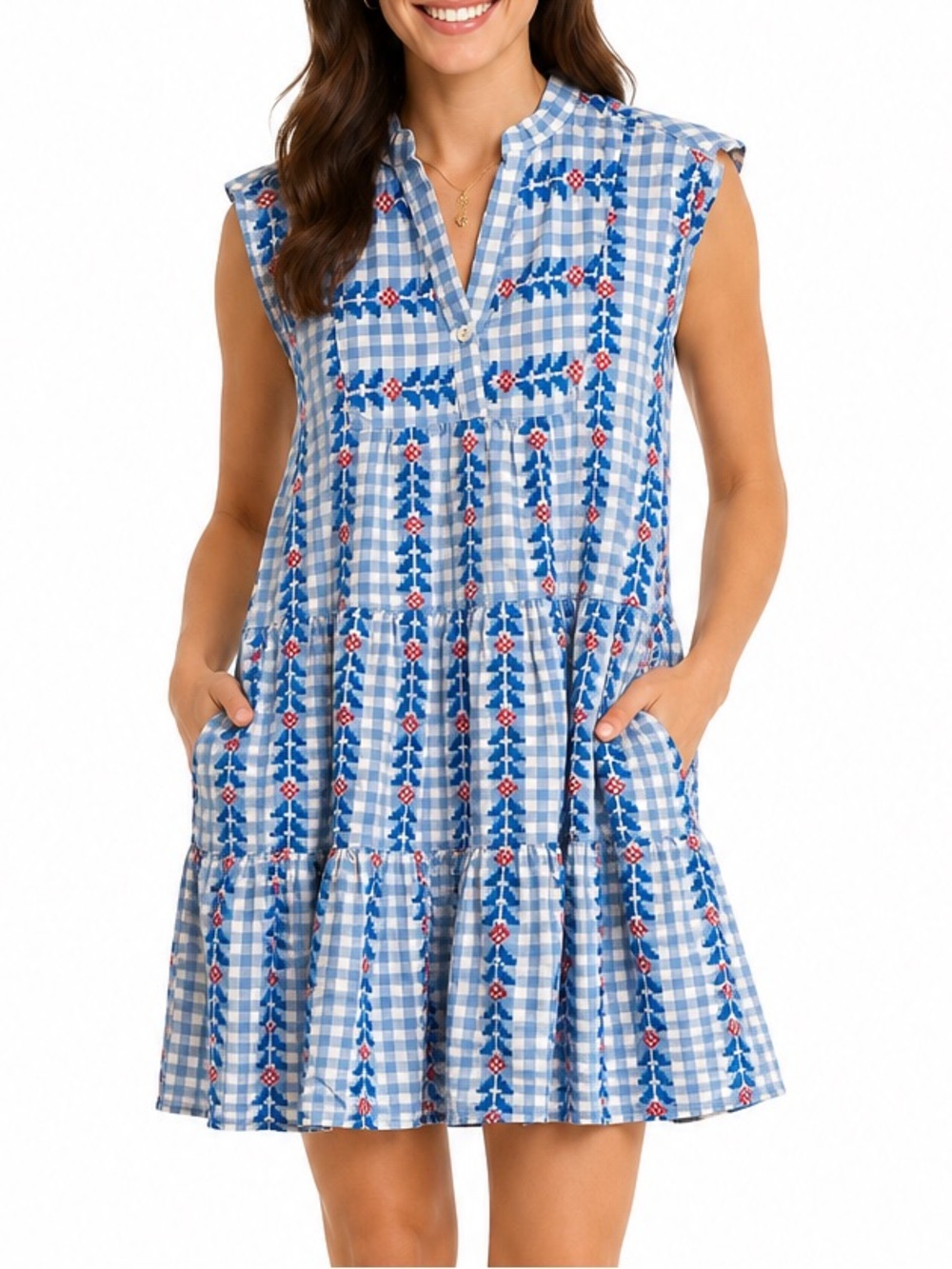 Uncle Frank Gingham Embroidered Tiered  Dress